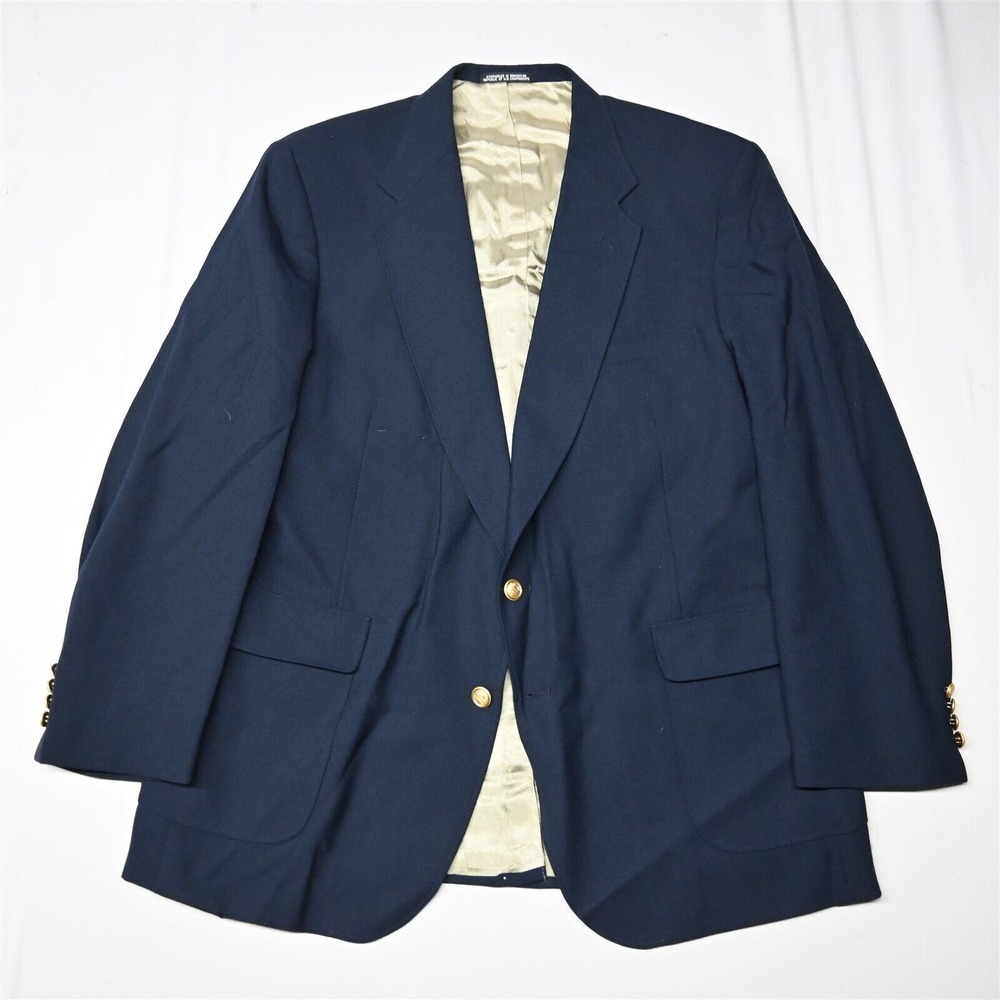 Vtg Stanley Blacker 48L Navy‎ Blue Hopsack Gold Button Blazer Sport Coat Jacket